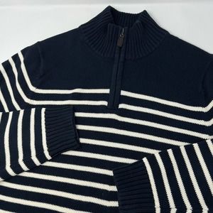 LL Bean Knit Sweater 1/4 Zip Men's Medium Blue White Striped Heavy‎ Cotton